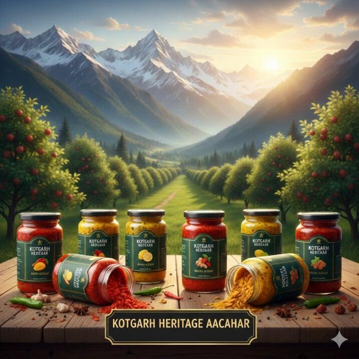 A vintage-style website banner for Kotgarh Heritage Pickles featuring artisanal aachar bottles set against a scenic backdrop of the Himalayan mountains, lush valleys, and red apple orchards. The central gold-framed logo highlights '30+ Years Experience' and 'Est. 1996' with traditional illustrations of apples and cucumbers."