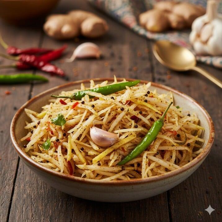 Homemade mooli ka aachar prepared with fresh radish, mustard oil, and traditional Indian spices